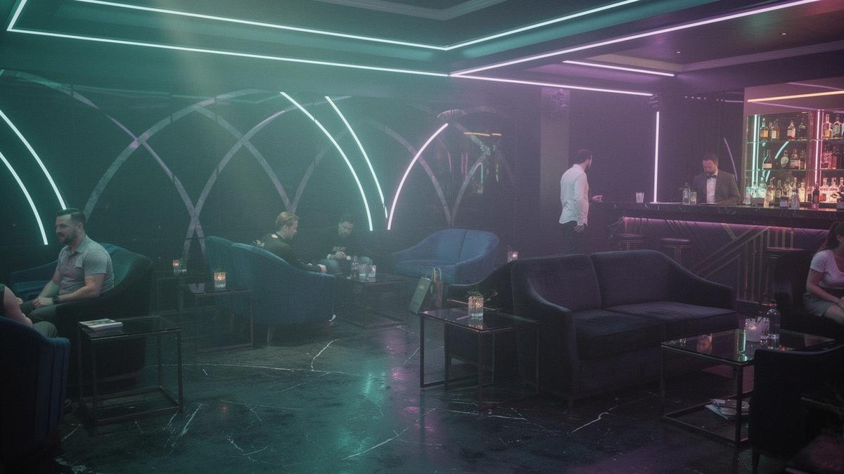 Neon lounge scene with abstract casino lights, futuristic ambience
